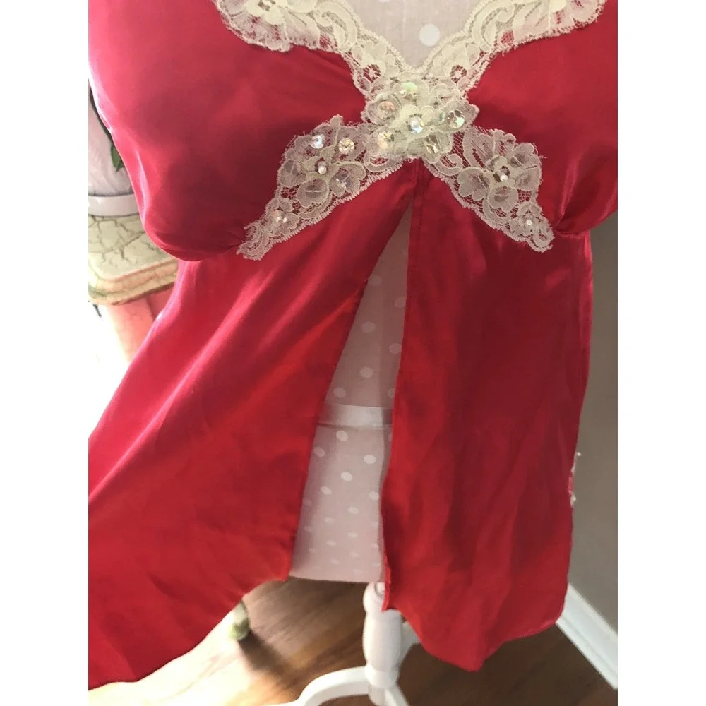 Vtg Secret Treasures Red Shiny Satin Polyester Lace Trim Nightie Sequins Women L - Picture 5 of 14